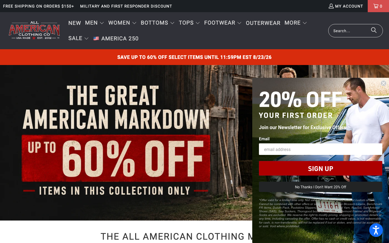 All American Clothing Co. desktop homepage showcase