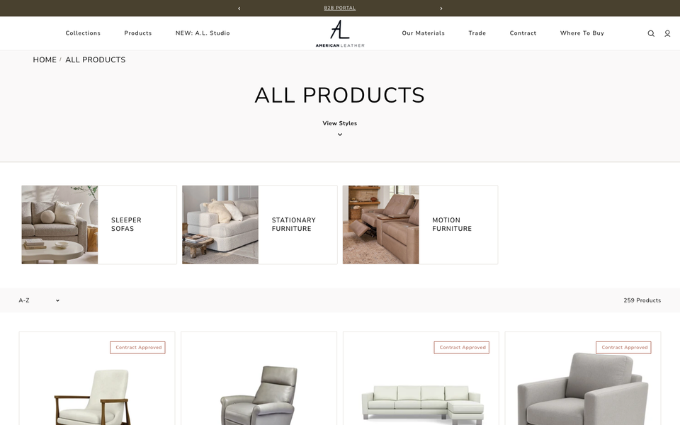 American Leather desktop homepage showcase