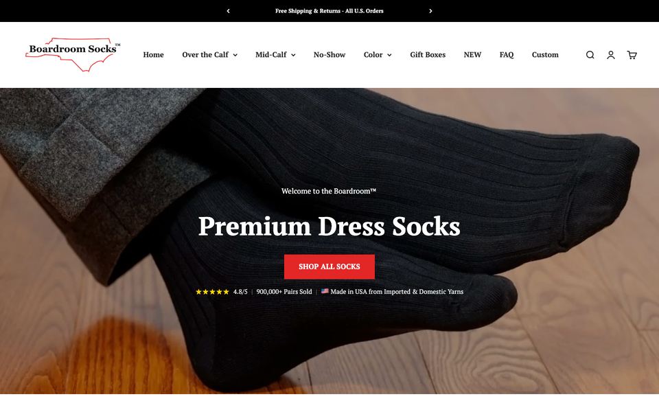 Boardroom Socks desktop homepage showcase