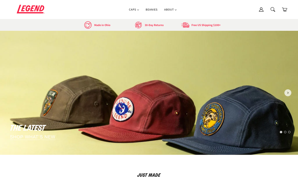 Legend Headwear desktop homepage showcase