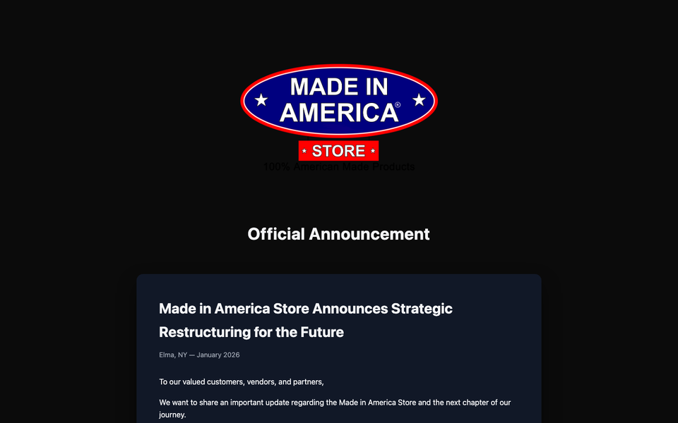 Made in America Store desktop homepage showcase