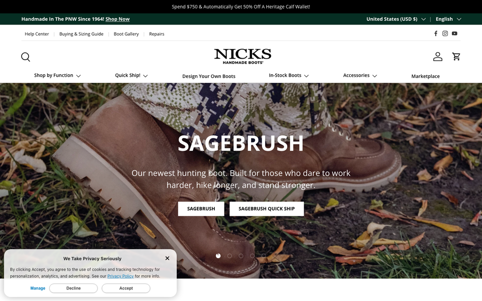 Nicks Handmade Boots desktop homepage showcase
