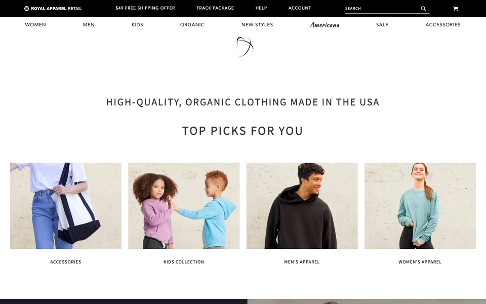 Royal Apparel desktop homepage showcase