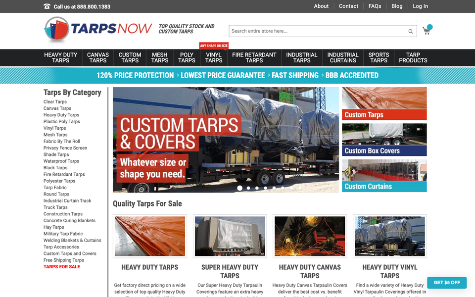Tarps Now desktop homepage showcase