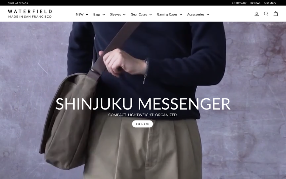 WaterField Designs desktop homepage showcase